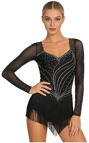 inhzoy Donna Abito da Ballo Latino Americano Tango con Frange Nappe Vestito da Pattinaggio Artistico Maniche Lunghe Body Danza Classica Ginnastica Ritmica Dancewear Nero M