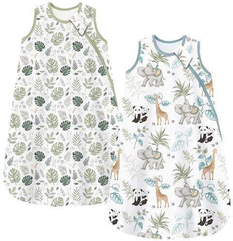 Teechodina Schlafsack Baby 1.5 TOG 2er Pack Babyschlafsack Neugeborene 100% Baumwolle Ganzjahresschlafsack für Frühling Herbst, 1.5 Tog/Pflanzen + Zoo, 67cm/0-6 Monate