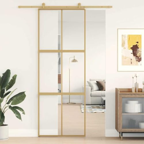 Divisor de habitaciones para puerta corredera de cristal, juego completo, puerta corredera dorada, 76 x 205 cm, vidrio templado transparente y aluminio, ideal para armarios, balcones y espacios