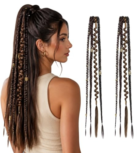 Domefahaso Boho Clip-in Zöpfe Haarverlängerung 2er Set Dunkelbraun | synthetische geflochtene Haarteile mit Perlen, handgefertigt für Alltag und Festival