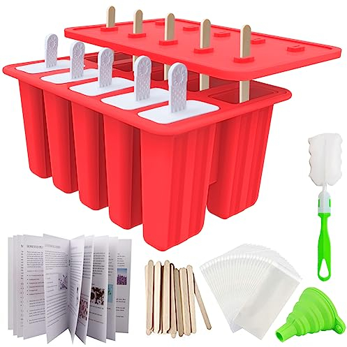 Homemade Ice Lolly Mould Popsicle Mold Cream, Food Grade Silicone Frozen Ice Pop Maker -BPA Free, with 50 Popsicle Sticks,50 Popsicle Bags, Funnel,Recipe(10 Cavities)