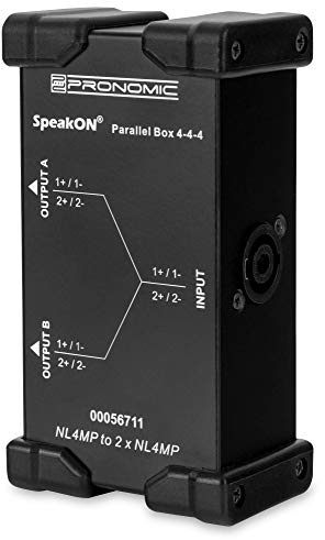 Pronomic Speakon Parallel Box 4-4-4 - Splitter für Speakon-Kabel - teilt 2- und 4-polige Signal in 2 Signale auf - Original Neutrik-Buchsen - robustes Stahlgehäuse - schwarz