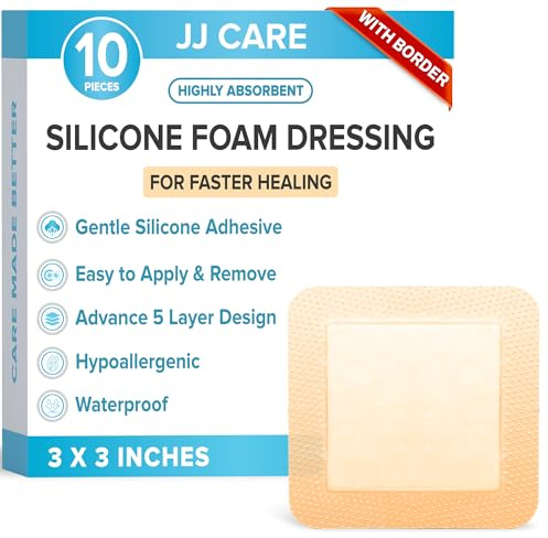 JJ CARE Silicone Foam Dressing 3x3 [Pack of 10], Silicone Bandages for Wounds, Waterproof Wound Dressing with Adhesive Border, Absorbent Bed Sore Bandages for Wound Care