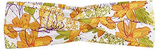 ABAKUHAUS Floral Headband, Giant Lily Flowering Petals Exotic Blooms Hawaiian Bouquet Beauty, Elastic and Soft Women's Bandana for Sports and Everyday Use, Apple Green Marigold