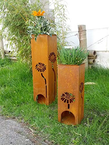 Zen Man Garten Pflanzschale aus Metall Edelrost Ständer Übertopf Metall Gartendeko Rost Kerzenleuchter H60 und H40cm (031324-1 : 16 * 16*H60cm)