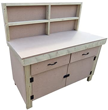 Arbor Garden Solutions Wooden workbench 18mm MDF top with storage drawers and lockable cupboard and back panel (V.4) (4ft)