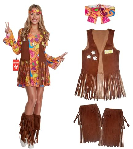Morph Hippie Kostüm Damen, Buntes Halloween Kostüm Damen | Kleid, Fransenweste, Beinstulpen & Stirnband, Buntes Paisley-Muster, Perfekt für Halloween, Ideal zum Verkleiden