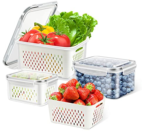 TBMax Reusable Fridge Containers for Food Storage, Stackable Refrigerator Organizer Bins 3 Pack, Vegetable Fruit Storage Containers with Lids, Drain Baskets for Kitchen