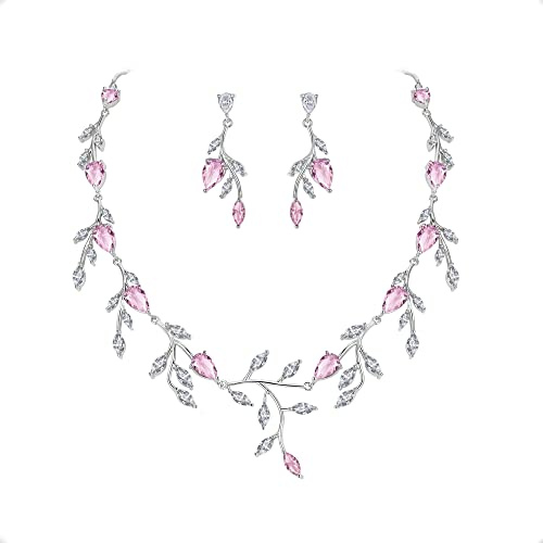 EVER FAITH Juegos de Joyas Mujer Brillante Circonio Cúbico en Forma de Pera de Piedra de Nacimiento Collar Pendientes Conjunto Joyería de la Boda para Novia Mujeres Birdesmaid Rosado Tono Plateado