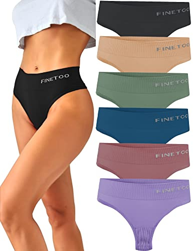 FINETOO 6-Pack String Thongs Ladies Tummy Control Thongs Set Breathable Thong Women Underpants High Waist Underwear Soft Panties Multipack S-XL