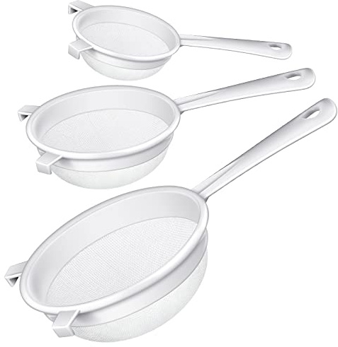 3 Pcs Plastic Nylon Mesh Strainer Colander with Handle Double Ear Fine Food Mesh Strainer Flour Sifter for Baking Kitchen Colander Sifter Kefir Tea Juice Pasta(3 Inch, 4 Inch, 5.5 Inch)