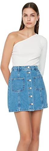 Trendyol Mini Jupe trapèze en Jean pour Femme, Bleu, 62