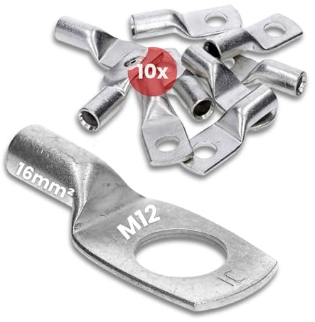 Kalitec 10x Rohrkabelschuhe 16mm² M12 - Kupfer Verzinnt Quetschkabelschuhe | Standard Presskabelschuhe ohne Sichtloch für 16 mm² Kabel - Sicherer Kabelquetschverbinder für Kfz, Solar und Elektro