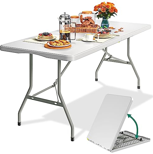 YITAHOME Table de Camping Pliante 6 Pieds avec Poignée, Table de Pique-Nique Étanche et Résistante, Table Tréteau Portable pour Fête en Plein Air Plage Barbecue, Blanche, 180 x 75 x 74cm