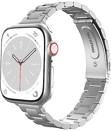 MoKo Schmales Metall Armband Kompatibel mit Apple Watch Series 11/10 42mm, 9/8/7 41mm, SE3/SE2/SE/6/5/4 40mm, 3/2/1 38mm, Dünnes Edelstahl Ersatzarmband Uhrenarmband für Damen Herren, Silber