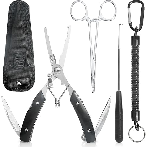 Realure 3 Pcs Portable Fishing Pliers Set with Lanyard, Include Curved Fishing Forceps, Disgorger Fishing, Multi Pliers Tool for Hook Remover, Split Ring, Fishing Gift for Men, Stainless Steel, Black