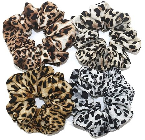 Yurosiay 4 Stück Damen Leopard Scrunchie Haargummi Elastische Stoff Haargummis Bunt Leopardenmuster Scrunchies Leopard Haarbänder Pferdeschwanz Halter Leopard Haarschmuck für Frauen und Mädchen