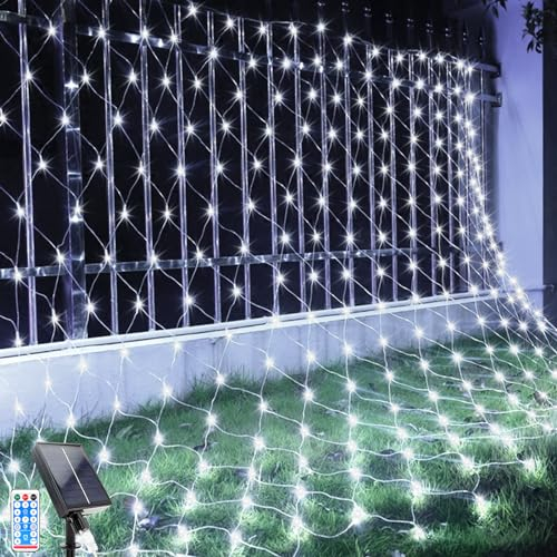 Solar Lichterkette, 1.5x1.5m LED Lichternetz Lichterkette , 96 LEDs 8 Modi Weihnachtsbeleuchtung Außen Wasserdicht Lichternetz mit Fernbedienung Timer für Geburstag, Hochzeit (1.5*1.5M, Weiß)