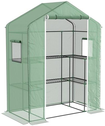 Outsunny Invernadero de Exterior Invernadero de Jardín con 1 Puerta Enrollable 2 Ventanas y Estantes de 2 Niveles en Forma de U para Cultivo de Plantas en Terraza Patio 140x73x190 cm Verde