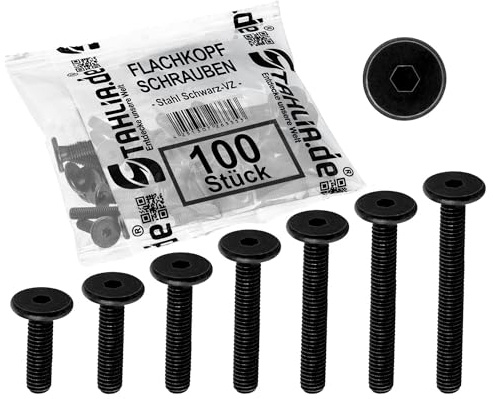 Stahlia Flachkopfschrauben M6 x 30mm Stahl Rundkopfschrauben Innensechskant (100 Stück) Schwarz Möbelverbinder Möbelschrauben Verbindungsschrauben