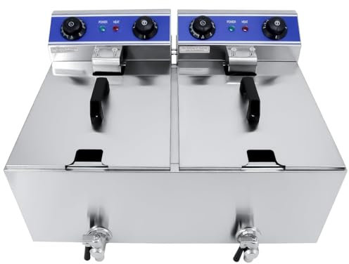 TAIMIKO Electric Deep Fryer Commercial Stainless Steel Tank With Lid Easy Clean Home and Commercial Use Countertop Kitchen Fat Fryer Frying Machine for French Fries UK plug (Double Tanks,6L+6L,Timers)