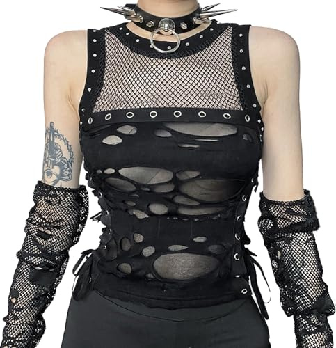 YINGWIN Damen Gothic Mesh Top Y2K Cold Shoulder Weste Punk Mesh Tank Casual Mode Ärmellos Camisole Top, 1-schwarz, M