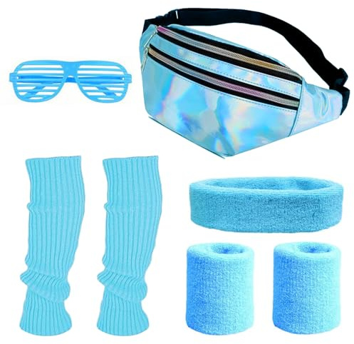 Sprinlot 80er Jahre Kleidung Sport Set, 80 90 er Jahre Outfit Damen, 80er Jahre Accessoires, Stirnband, Gürteltasche, Stulpen, Brille, Beinwärmer, Für Karneval Neon Party