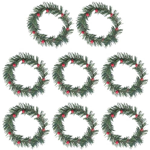Diheohg 8 STÜCKE Stechpalme Beere Kerze Ring Kleine KüNstliche Rote Beeren Kiefern Nadeln Kranz für Weihnachten Girlande Ornamente