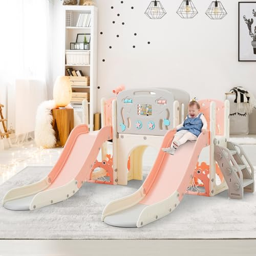 Merax Kit d'aire de jeux pour enfants 8 en 1 avec toboggan, tunnel d'arc, panier de basket et télescope, double toboggan pour tout-petits, cadre d'escalade pour enfants, rose bébé