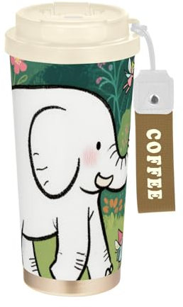 Elefante - Vaso de café al vacío personalizado de color elfo, de 473 ml, acero inoxidable para bebidas frías y calientes con tapas, taza de café de boca ancha para llevar