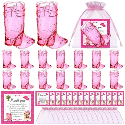 CCCYMM 15 Sets Cowgirl Baby Shower Favours 1 Oz Pink Western Boot Shot Glasses with Thank You Cards Organza Bags for Guests Return Gifts Gender Reveal Party Favors (Cowgirl)