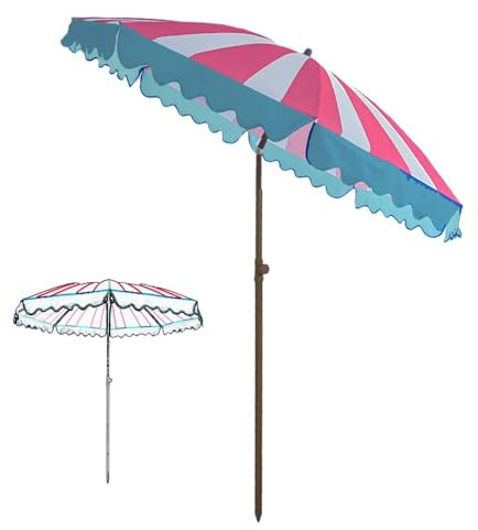 IMUNKT Bleu Et Rose Parasol De Patio avec Frange, Parasol De Jardin/Plage/Table, 200cm, Parasol De Terrasse, Mât Inclinable, Protection UV 50+(Blue-Pink)