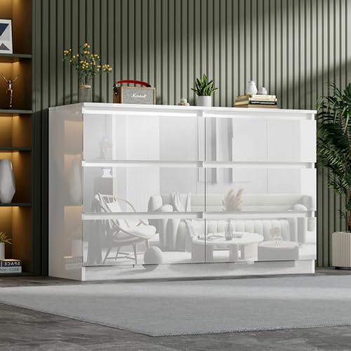 LSBIKE Weiß/Schwarz Kommode mit 6,7,8 Schubladen, Hochglanz Moderne Kommode mit Schubladen, Stabiler Komodenschrank & Sideboard für Schlafzimmer, Wohnzimmer, Kommoden als Sideboards (6 Schubladen)