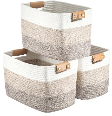 CROWNSHOP Woven Storage Basket Cotton Rope Baskets for Shelves Closet Organizer Washing Basket for Laundry Basket Box Organizer Bins With Handles Dirty Clothes Baskets for Living Room