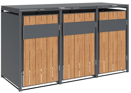 Westmann Metall Mülltonnenbox Varius 3x240 L Anthrazit Holzoptik Mülltonnenverkleidung mit Gasdruckfedern Pulverbeschichteter Stahl Wetterfest & stabil Mülltonnen Unterstand mit Fronttür & Klappdeckel