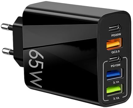 Cargador USB C 65W Carga Rápida Múltiple 5 Puertos 2 Tipo C 3 Tipo A | Enchufe Adaptador Fast Charge PD 3.0 Compatible con Samsung iPad iPhone 16 15 14 13 12 11 Pro MAX SE Huawei Google Carga