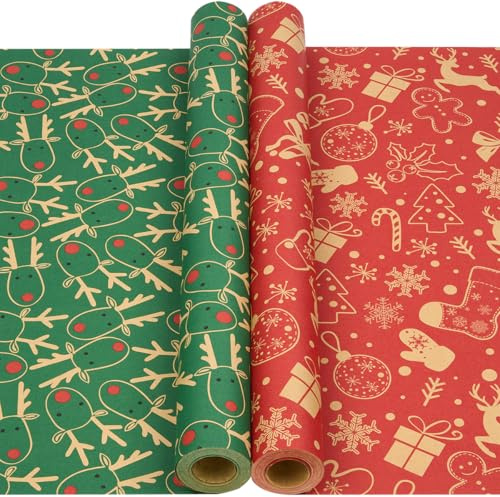 Kraft-presentpapper rulle: Julomslagspapper återvinningsbart papper för festlig design papper för julklapp inslagning fest dekoration – 2 rullar 43 cm x 12 m