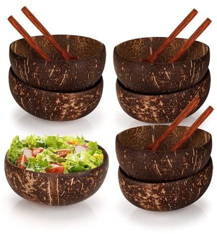 YKUKIZEE 6 Pack 500 ml Coconut Shell Bowls with 6 Wooden Spoons, Coconut Bowls, 16.6 oz Coconuts Salad Mixing Bowls for Serving Dessert Fruit Cereal Smoothie Vegan