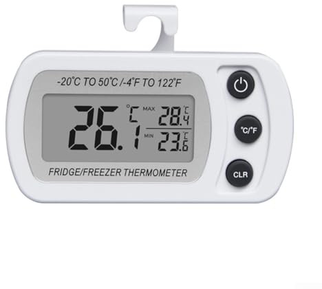 Digitales Kühlschrankthermometer mit C/F-Konvertierung, wasserdichtes Kühlschrankthermometer mit Min/Max-Aufzeichnung und großem Display für -20 °C bis 50 °C, tragbar (weiß)