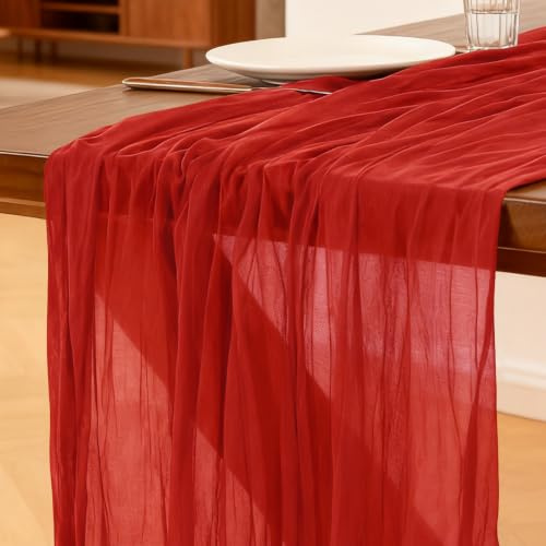 Käsetuch Tischläufer Rot, 300 x 90 cm Boho Gaze Tischläufer Cheesecloth Läufer für Hochzeit, Geburtstagsfeiern, Babypartys, Weihnachten und Silvester von Tisch Dekoration