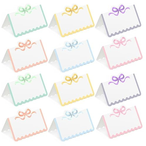 Toyhood 60pcs Colorful Bow Tie Blank Cards with Pink Bow Design, Elegant Wedding Table Place Cards Invitation, Blank Seating Assignment Label Card, for Birthday, Party, Wedding, Baby Shower