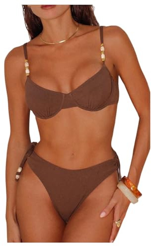 SHENHE Women's Underwire Swimsuits 2 Piece Swimsuits Side Tie Beaded Padded Bathing Suits Coffee Brown Large