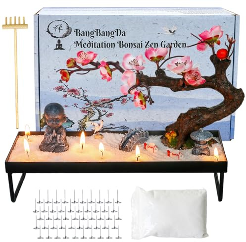 Mini Zen Garden for Desk - Buddha Bonsai Wax Sand Garden Kit Beautiful Japanese Decor Gift Set for Home, Office Desk Zen Sand Tray Therapy Desktop Meditation Room Accessories