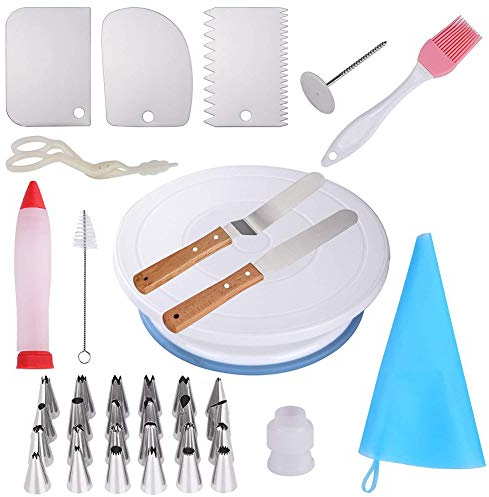 LTLCLZ Cake Decorating Supplies 35 PCS, Baking Pastry Tools with Rotating Turntable Stand Includes Icing Tips with Pattern Chart And Nozzles Piping Bag, Piping Tip Coupler, Scrappers, Flower Nail
