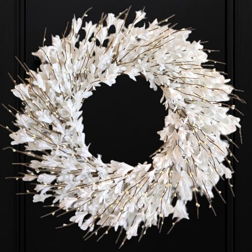 Bibelot 20inch Artificial Forsythia Flower Wreath Spring Summer Fall Wreath Silk Leaves Wreath for Front Door Wreath Porch Farmhouse Patio Garden Home Decor (White)