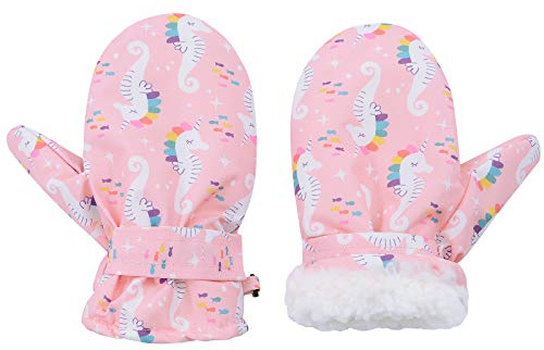 Lined Fleece Toddler Mittens Kids Winter Warm Gloves Child Ski Gloves Waterproof Snow Baby Mitten for Boys and Girls Pink Seahorse M