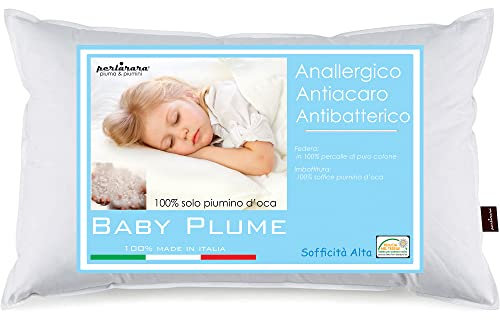 PERLARARA - Guanciale il Cuscino Bambino da 24 mesi 40x60 cm culla Baby Plume 100% Piumimo d'Oca Antisoffoco Lettino morbido soffice Federa Antiacaro Percalle anallergico