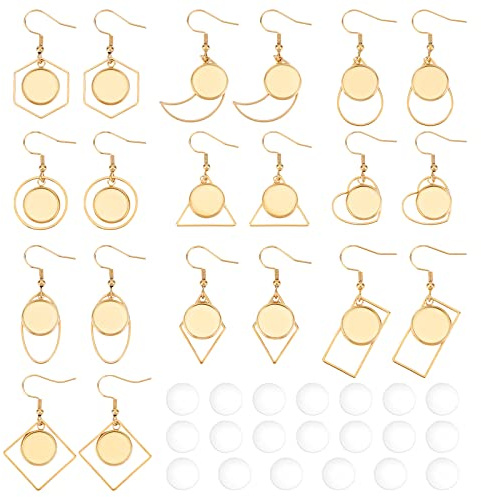 UNICRAFTALE 20 Sets 10 Stile Goldene Ohrhänger 304 Edelstahl Ohrringhaken Mit Runde Tablett Und Transparenten Glas Cabochons DIY Ohrring Rohlinge Für Die DIY-Schmuckherstellung