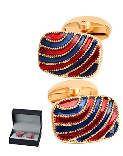 XQKXHZ Premium-Manschettenknöpfe Mit Geschenkbox, Luxuriöse Blau-Rot Gestreifte Design-Manschettenknöpfe, Vatertagsgeschenke, Personalisierte Manschettenknöpfe Für Hochzeitsfeier Geschäft