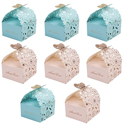 30 Piezas Cajas de Regalo de Boda con Patrón de Flores, Mariposas Cajas De Papel Para Dulces, Cajas de Regalo de Papel Creativo, para Cumpleaños y Fiestas (Rosado, Azul)
